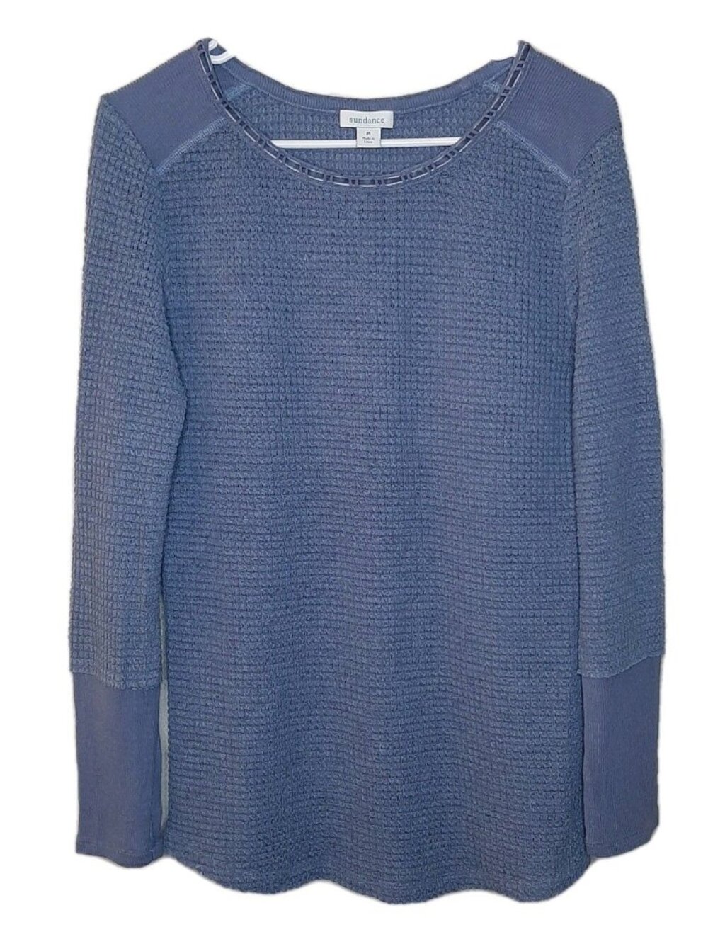 Sundance Knit Top Blue Women Size M Waffle Knit Thermal Velvet Trim Elastic Cuff